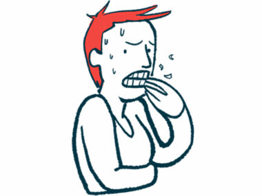 A person experiencing anxiety is shown sweating and biting the fingernails on one hand.