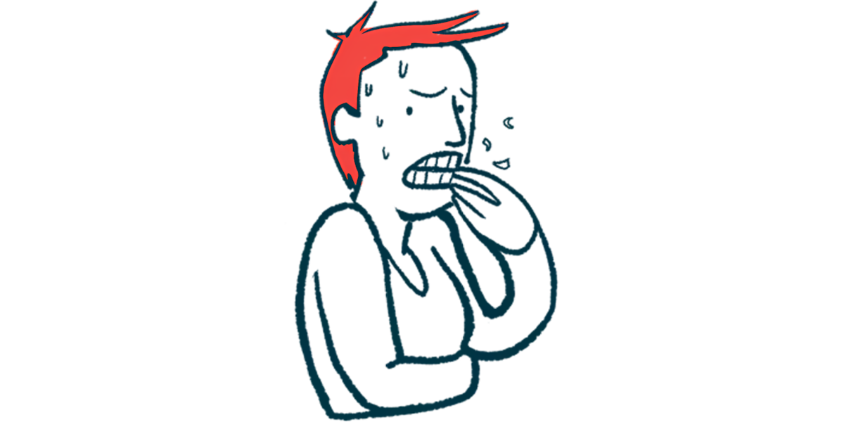 A person experiencing anxiety is shown sweating and biting the fingernails on one hand.