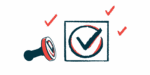 A stamp of a check mark inside a circle within a square is shown next to a rubber stamp and three small check marks.