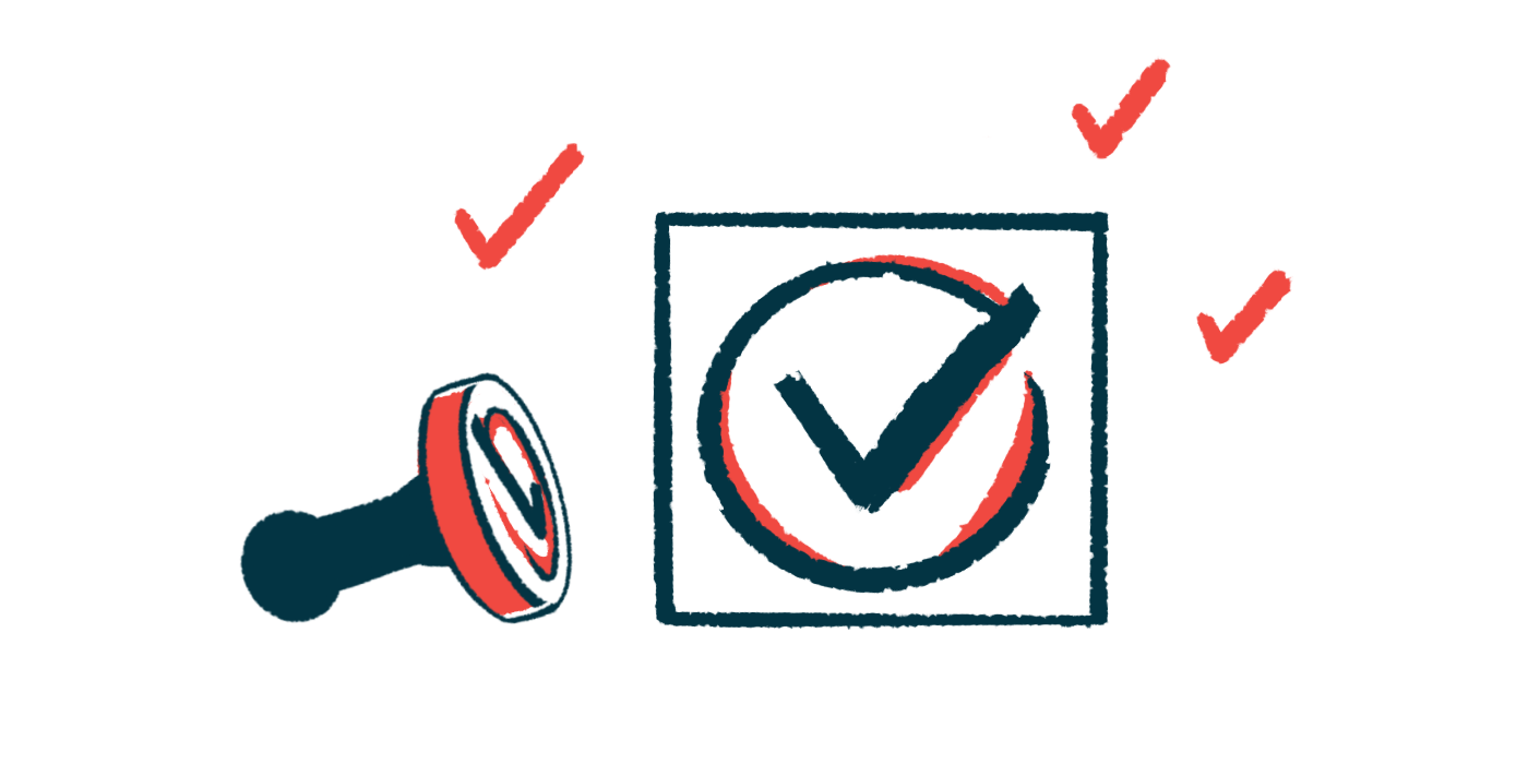 A stamp of a check mark inside a circle within a square is shown next to a rubber stamp and three small check marks.