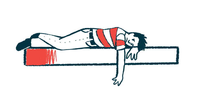In this illustration of depression, an upset-looking person lies on a bed.