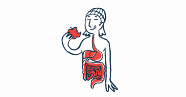In this illustration of digestion, a person eats an apple, with their digestive system visible.