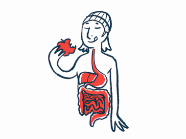 In this illustration of digestion, a person eats an apple, with their digestive system visible.