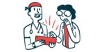 Two clinicians react with surprise while looking at data on a tablet.