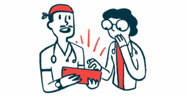 Two clinicians react with surprise while looking at data on a tablet.