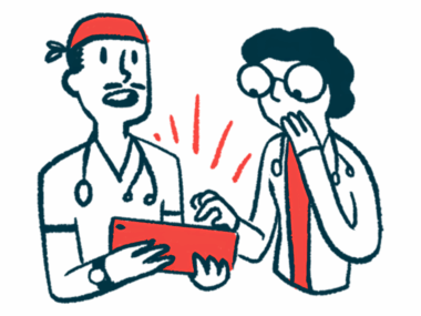 Two clinicians react with surprise while looking at data on a tablet.