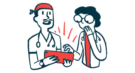 Two clinicians react with surprise while looking at data on a tablet.