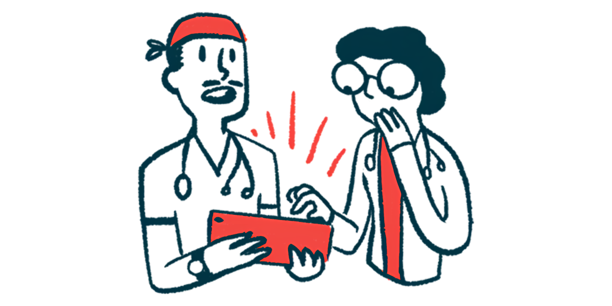 Two clinicians react with surprise while looking at data on a tablet.