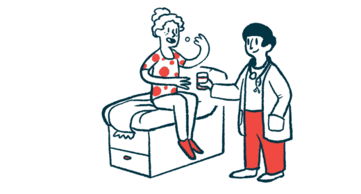 A patient seated on an examination table takes some oral medication as a doctor offers her a cup of water.