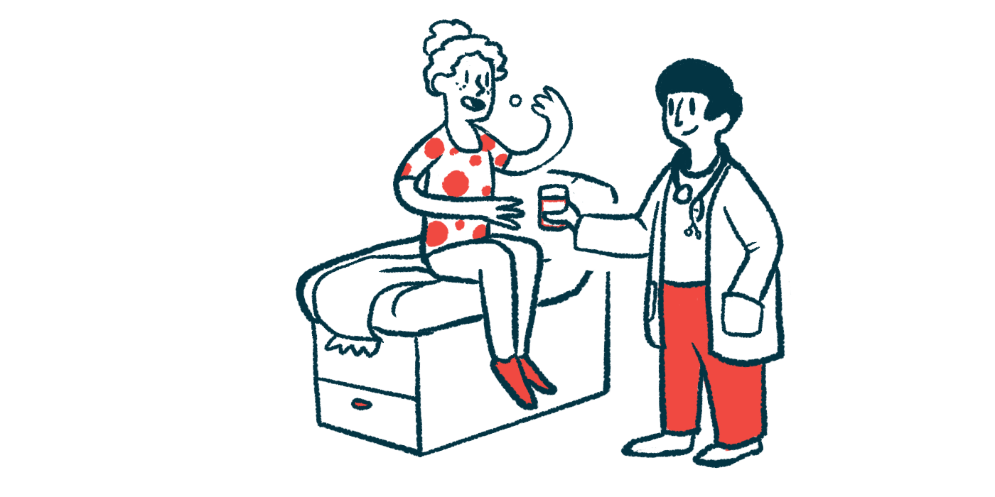 A patient seated on an examination table takes some oral medication as a doctor offers her a cup of water.