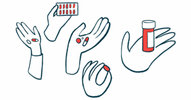 Illustration shows five hands holding pills.