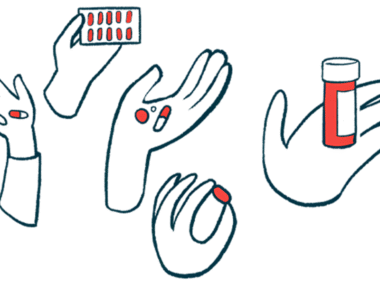 Illustration shows five hands holding pills.