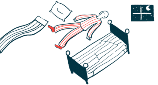 A person in pajamas is seen lying on the floor between a bed and a blanket and pillow, with the moon visible outside the window.