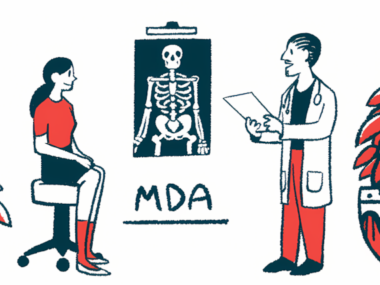 A doctor stands while speaking to seated patient, with an X-ray hanging on the wall between them and the letters MDA underneath the X-ray.