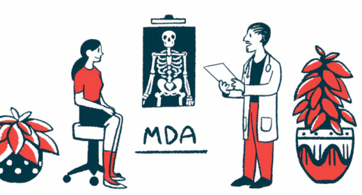 A doctor stands while speaking to seated patient, with an X-ray hanging on the wall between them and the letters MDA underneath the X-ray.