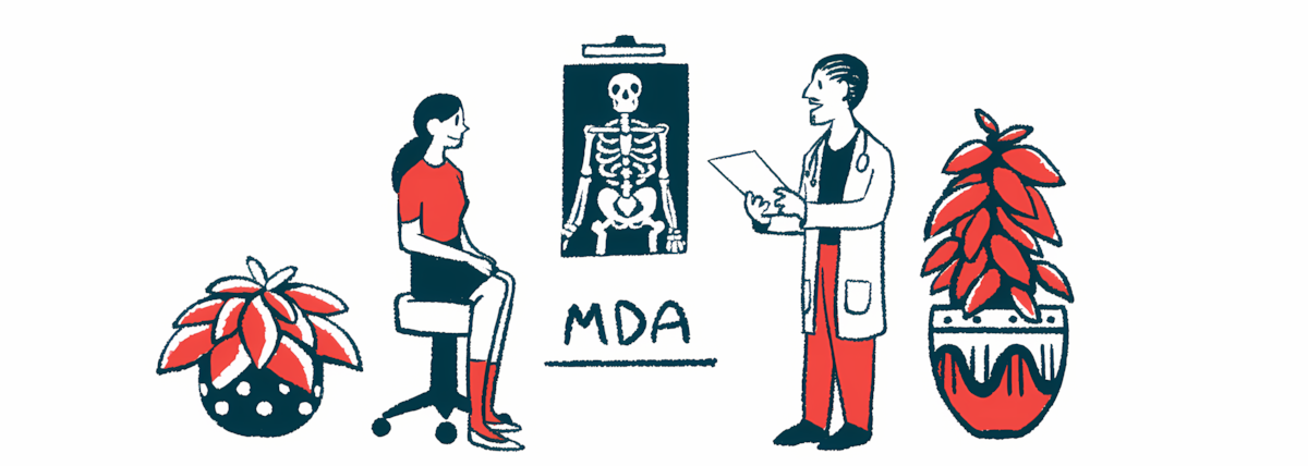 A doctor stands while speaking to seated patient, with an X-ray hanging on the wall between them and the letters MDA underneath the X-ray.