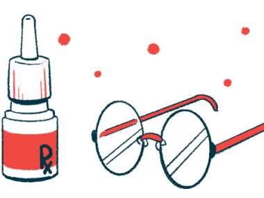 A bottle of prescription eyedrops sits next to a pair of eyeglasses.