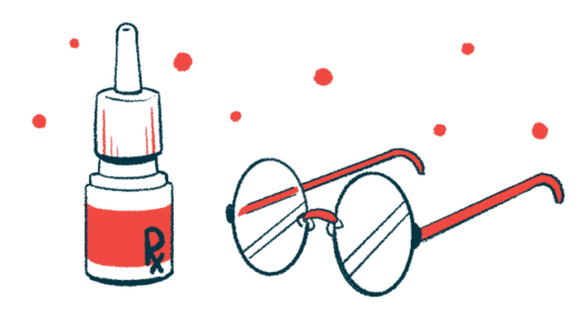 A bottle of prescription eyedrops sits next to a pair of eyeglasses.