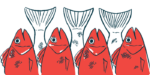 Illustration of four fish heads and tails.
