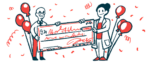 Two people, flanked. by balloons, hold an oversized check.