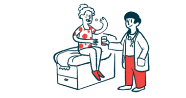 A patient sitting on an exam table takes a pill while a doctor holds a glass of water.