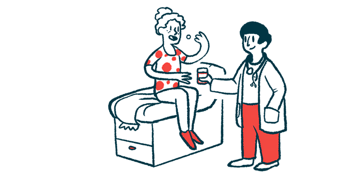 A patient sitting on an exam table takes a pill while a doctor holds a glass of water.