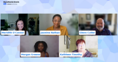 Screenshot of five myasthenia gravis webinar panelists: Meridith O’Connor, Jasmine Nathan, Glenn Cutler, Morgan Greene, and Kathleen Timothy.