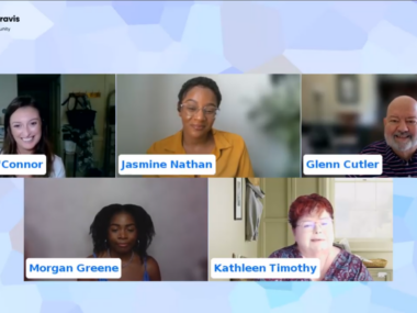 Screenshot of five myasthenia gravis webinar panelists: Meridith O’Connor, Jasmine Nathan, Glenn Cutler, Morgan Greene, and Kathleen Timothy.
