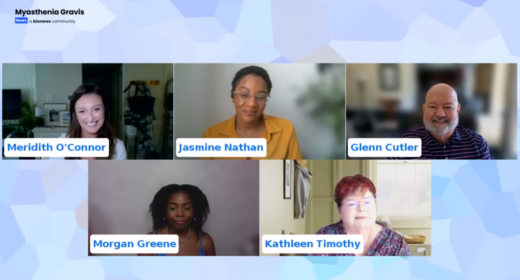 Screenshot of five myasthenia gravis webinar panelists: Meridith O’Connor, Jasmine Nathan, Glenn Cutler, Morgan Greene, and Kathleen Timothy.
