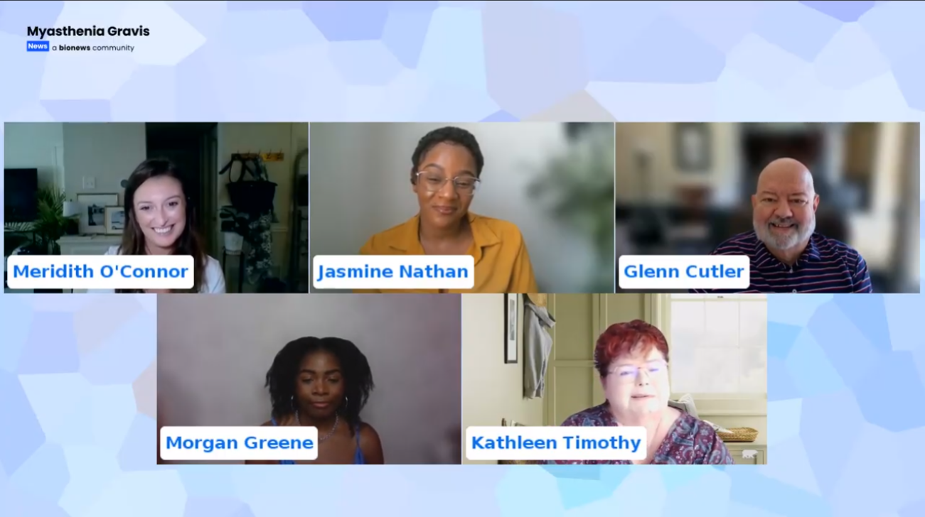 Screenshot of five myasthenia gravis webinar panelists: Meridith O’Connor, Jasmine Nathan, Glenn Cutler, Morgan Greene, and Kathleen Timothy.