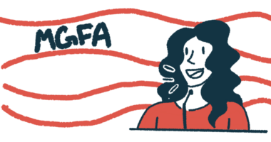 An illustration shows a woman speaking against a background with the letters 