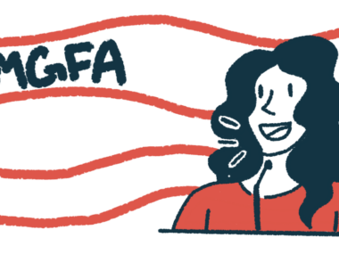 An illustration shows a woman speaking against a background with the letters 
