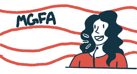 An illustration shows a woman speaking against a background with the letters 
