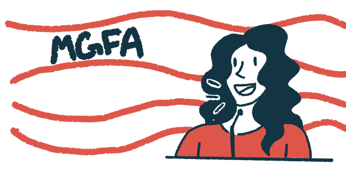 An illustration shows a woman speaking against a background with the letters 