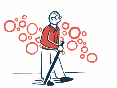 An older man walks using a cane, with red-rimmed circles in the background.