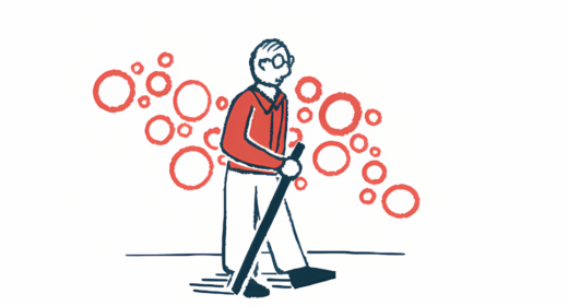 An older man walks using a cane, with red-rimmed circles in the background.