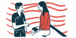 An illustration of a healthcare professional speaking with a female patient.