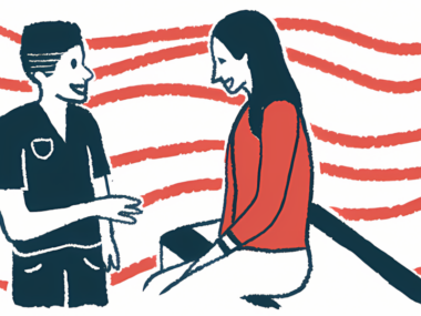 An illustration of a healthcare professional speaking with a female patient.