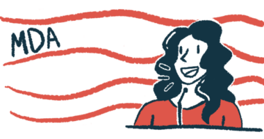 An illustration shows a woman speaking at a microphone while the letters MDA are on the left side of the image.