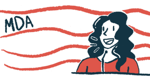 An illustration shows a woman speaking at a microphone while the letters MDA are on the left side of the image.
