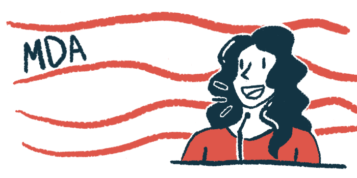 An illustration shows a woman speaking at a microphone while the letters MDA are on the left side of the image.