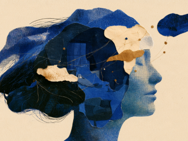 This graphic depicting mental health shows a woman's head with a window into her mind.